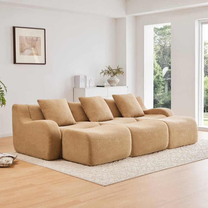Teddy Fabric Anti-Slip Design Boneless Sofa - Camel(3 Seat+3 Ottoman)