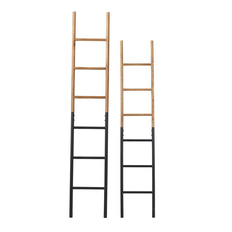 Brown Wood Slim Two-Toned 12 Rug Ladder with Black Metal Bases (Set of 2)