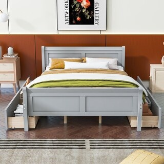 Queen Size Bed Frame Solid Pine Wood Construction Storage Bed Curved Legs Design Platform Bed with Headboard & 4 Drawers, Grey