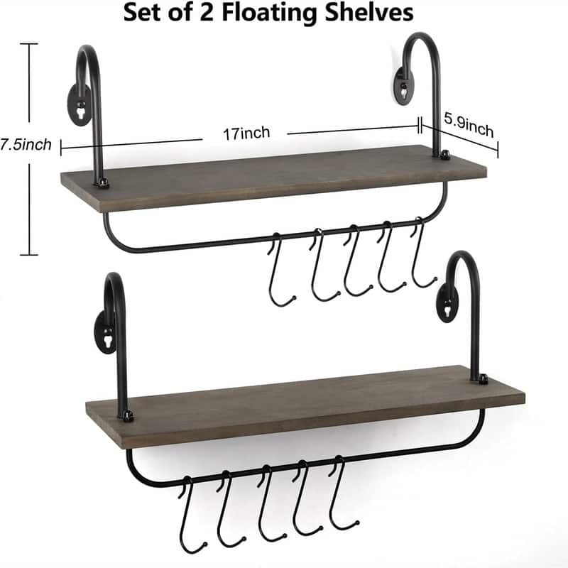 Floating Wall Shelves for Kitchen Bathroom Coffee Nook - 2"D x 17"W x 5.9"H