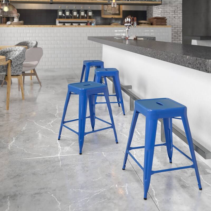 24" High Backless Metal Indoor-Outdoor Counter Height Stool w/Square Seat