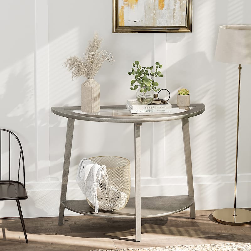 SUNBURY Silver Solid Wood Tempered Glass Coffee Table,Console Table - 15.7''Wx40''Dx30.5''H