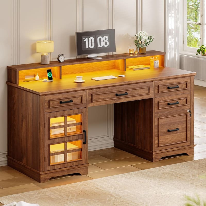 Executive Desk with Drawers Computer Desk File Drawers Power Outlet LED Lights Storage Cabinet - Walnut