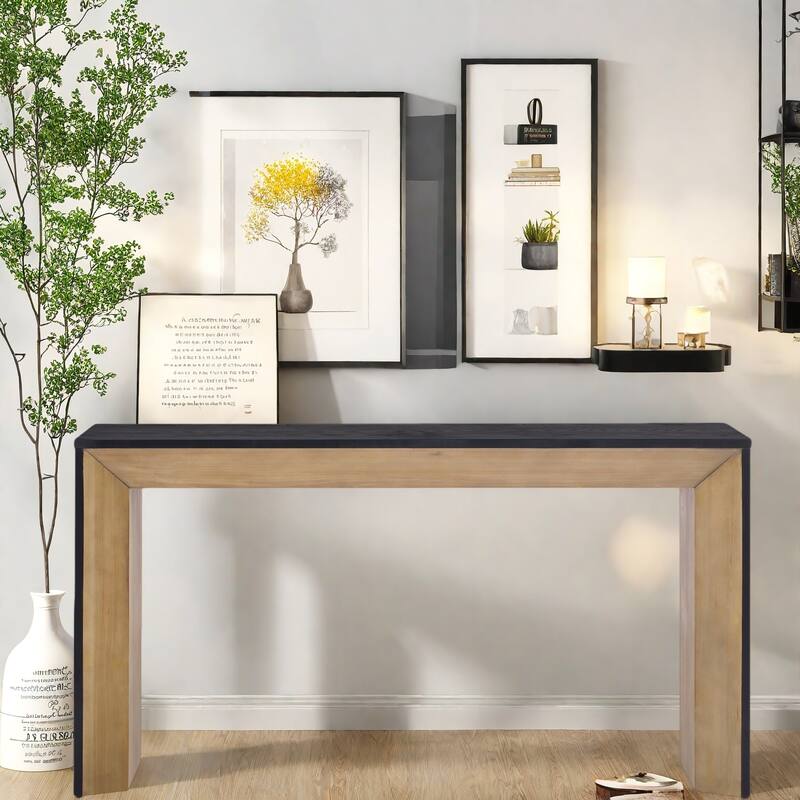 59" MDF Console Table with Fireplace Design and Wood Veneer for Living Room - Brown+Black