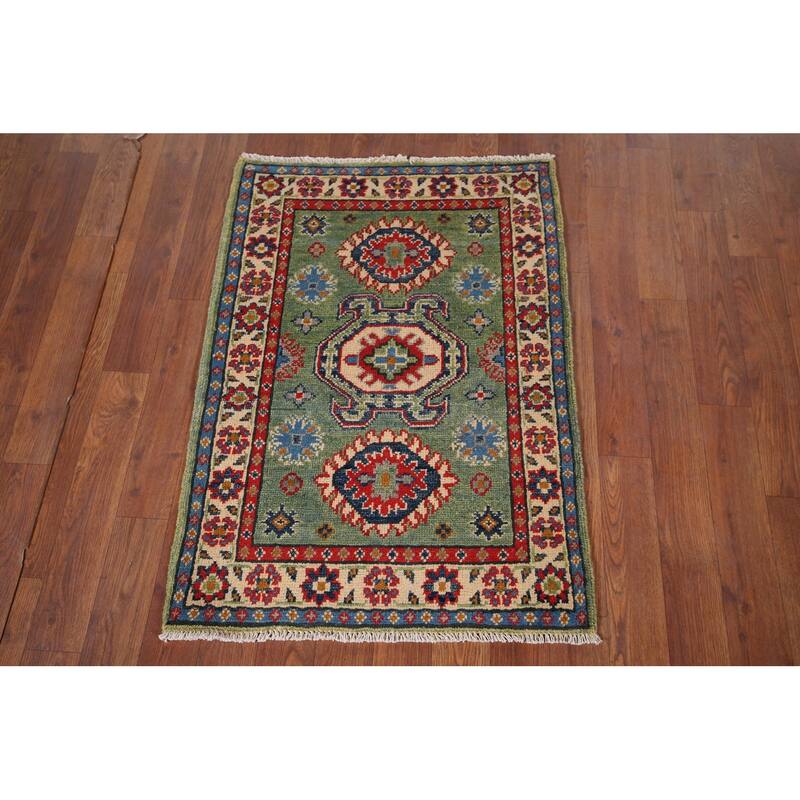Green Geometric Kazak Oriental Foyer Rug Handmade Wool Carpet - 2'1" x 2'11"