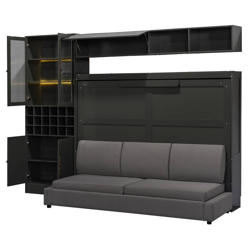 Multifunctional Full Size Murphy Bed Storage Wall Bed with Sofa, USB, Glass Door Cabinet, Wine Rack and Shelves, Foldable Design