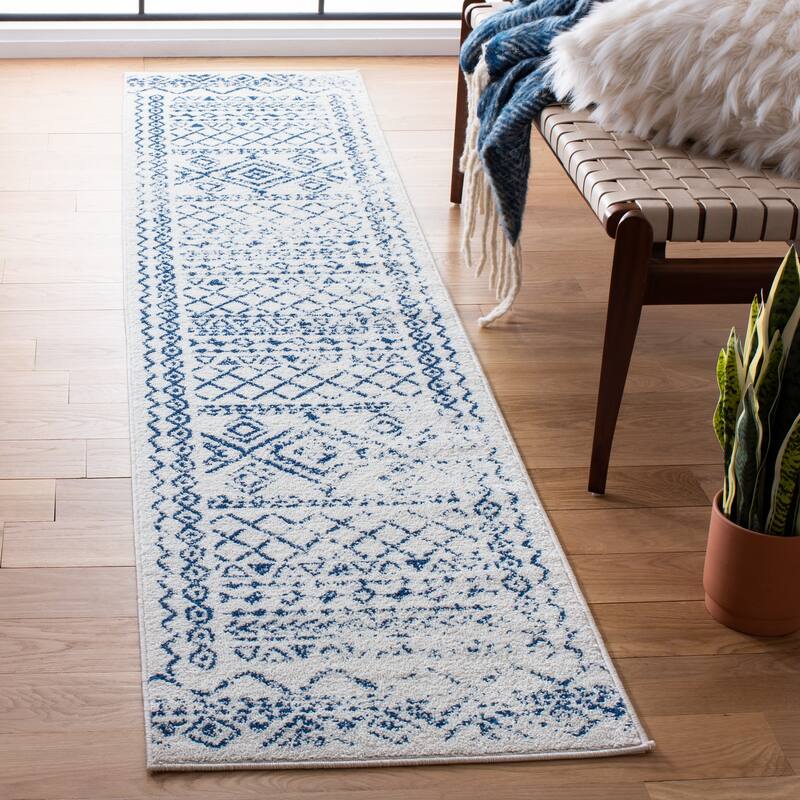 SAFAVIEH Tulum Hinnertje Rustic Moroccan Boho Tribal Distressed Rug - 2' x 9' Runner - Ivory/Navy