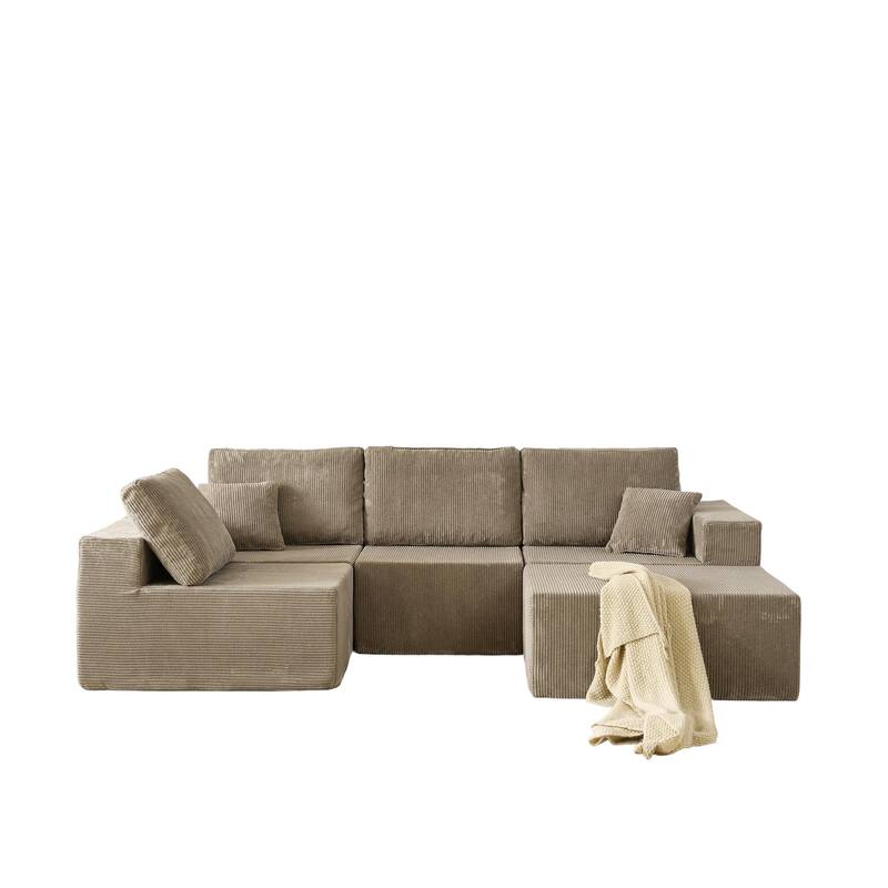 Modular L Shaped Sectional Sofa with Ottoman, Corduroy Boneless Cloud Sofa, 4 Seater Compressed Sofa with 2 Pillows