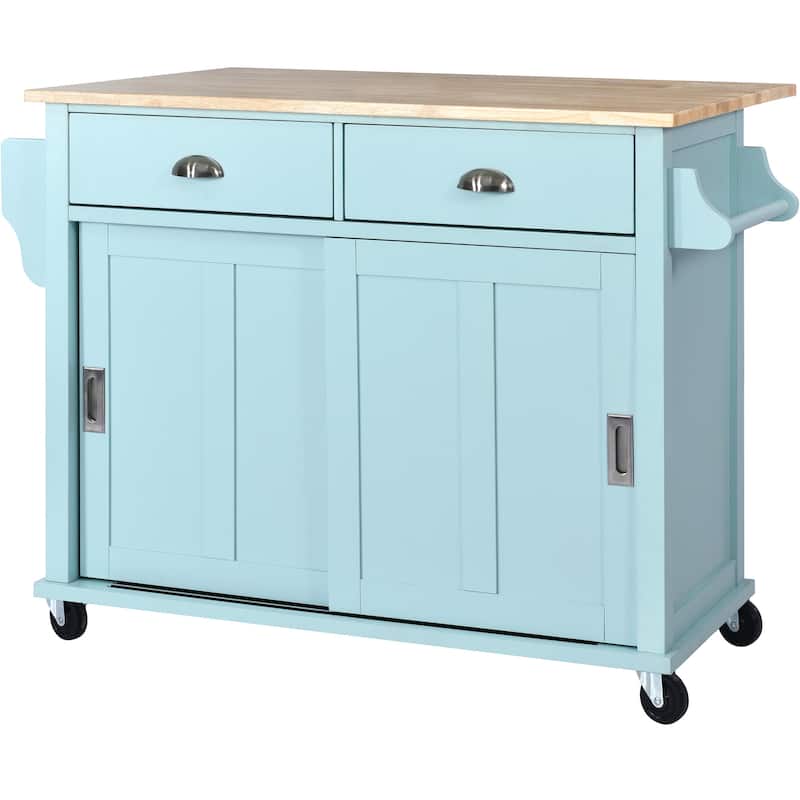 Rolling Kitchen Cart Drop-Leaf Kitchen lsland with Sliding Barn Door