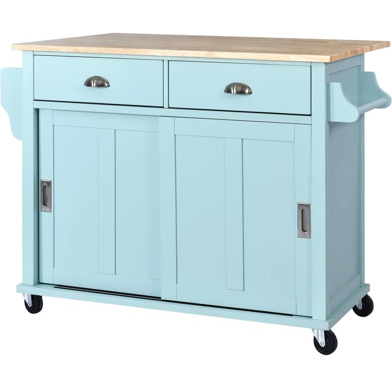 Rolling Kitchen Island with Drop-Leaf Countertop, Adjustable Shelves, 2 Drawers & Sliding Barn Door - Mint Green