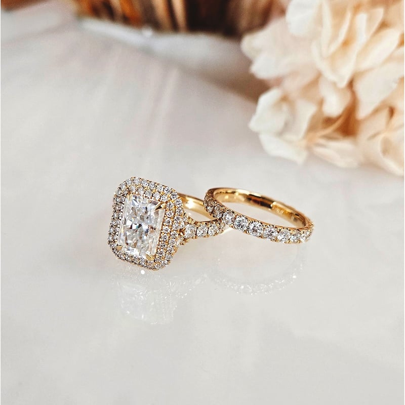 Kobelli Radiant Lab Grown Diamond 14k Solid Gold Double Halo Seoul Bridal Set (Certified, EF/VS)