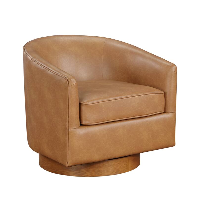 Maisy Faux Leather Wood Base Barrell Swivel Chair For Living Room - light Brown