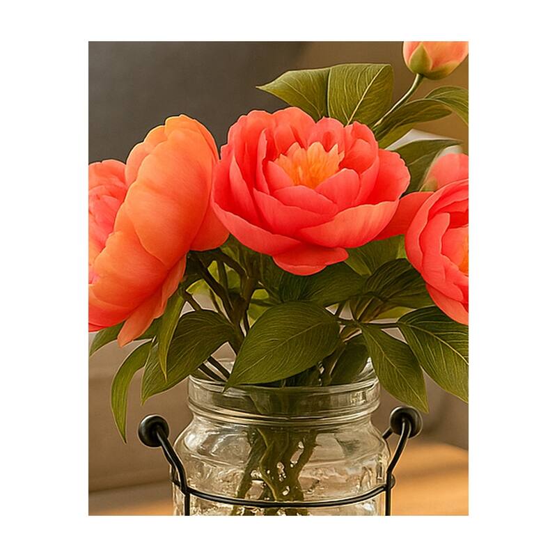 HomeStock Pink Peonies in Glass Jar with Metal Handle - Romantic Artificial Flowers for Elegant Touch - 13.5