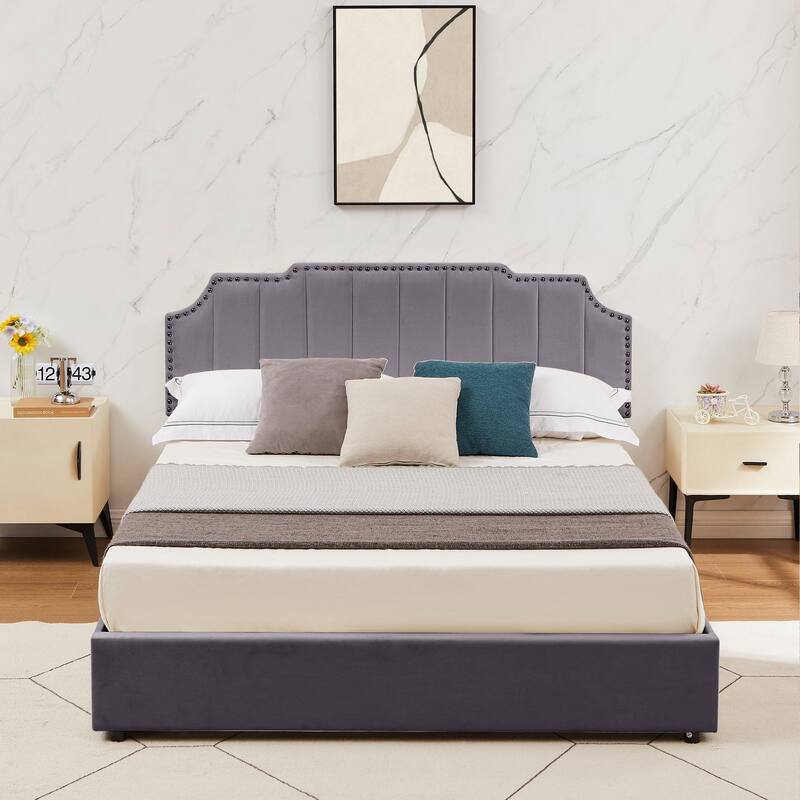 Javlergo Bed Frames with Storage Drawers Upholstered Bed with Tufted Headboard Princess Platform Bed with Wooden Slats Support