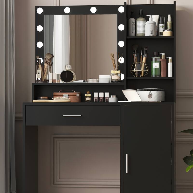 Anmytek Black Lighted Mirror Vanity Desk with Storage, 3 Lighting Modes Adjustable Brightness