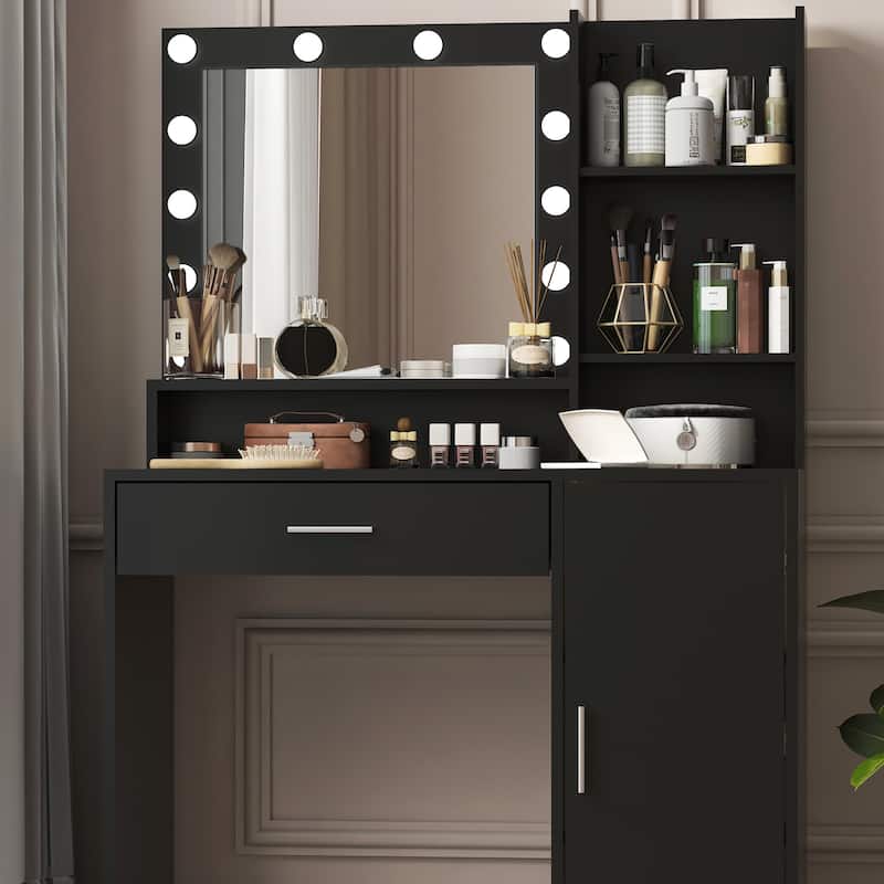 Vanity Desk with Mirror & Light, Makeup Vanity with 1 Drawer & 3 Level Storage Cabinets, Multi-functional Dressing Table