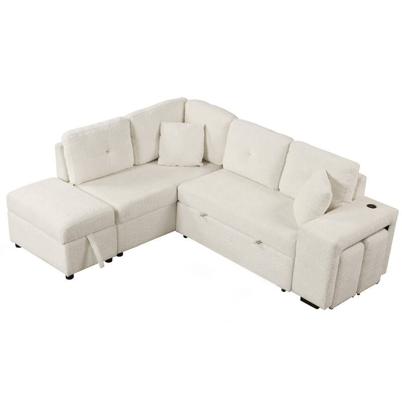87.7" Modern Sectional Sofa with Pull Out Bed, Convertible Sleeper Sofa with Storage Ottoman,Stools and Pillows