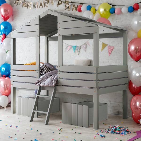 slide 2 of 19, Twin Size Low Loft Bed House Bed With Two Drawers for Home Grey