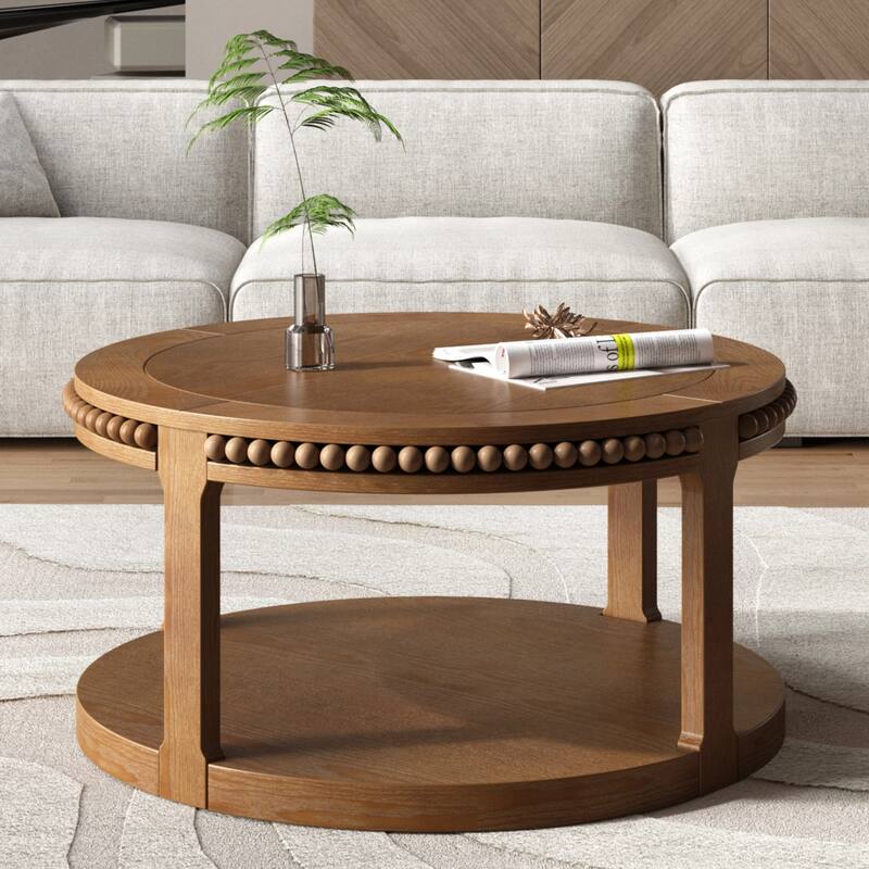 31.5" Round Solid Wood Coffee Table – Two-Tier Thickened Top with Sturdy Legs for Living Room & Lounge -  Walnut Brown