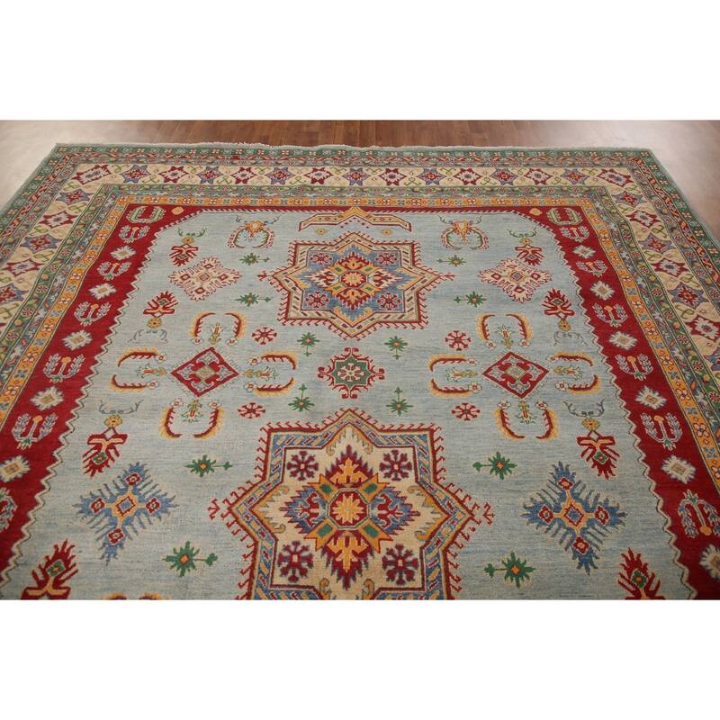 Geometric Blue Kazak Oriental Area Rug Handmade Wool Carpet - 9'11" x 12'8"
