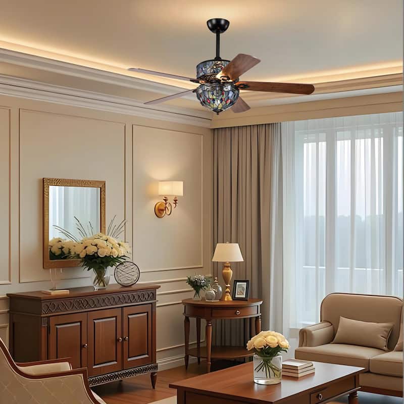 Barkol 5-Blade Lighted Ceiling Fan 2-Tier Tiffany Style Glass
