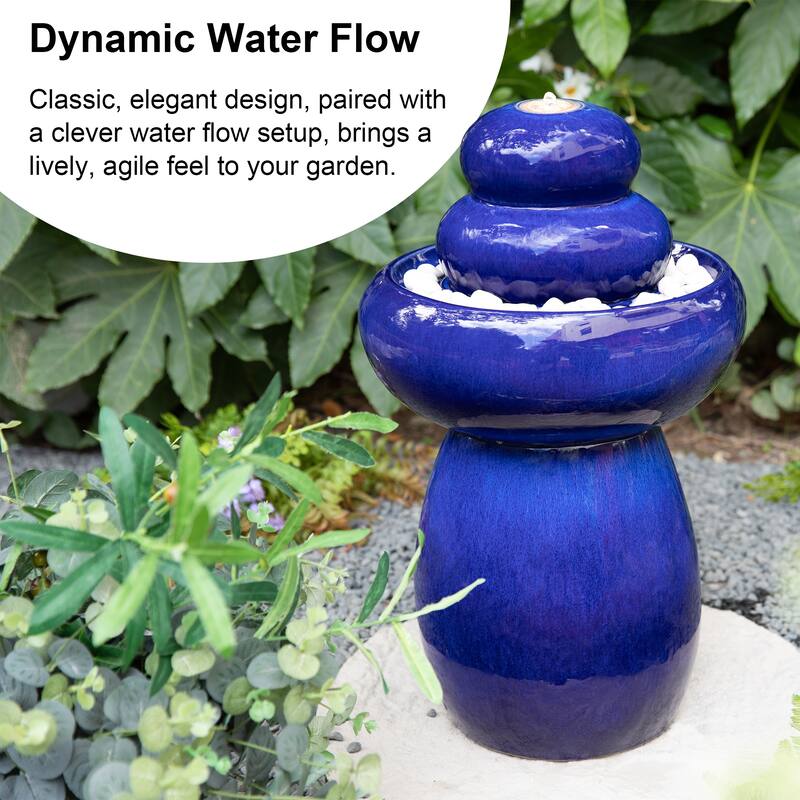 Glitzhome 22"H Zen-Style Cobalt Blue Pebbles Outdoor Ceramic Fountain with Pump and LED Light