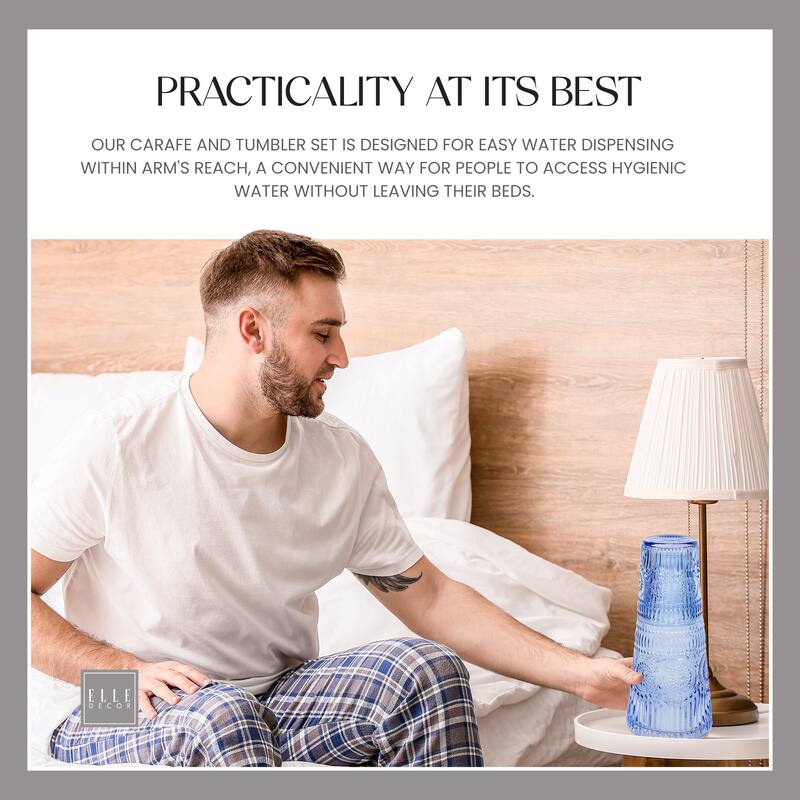 Elle Decor Bedside Water Carafe with Tumbler Set Pitcher - 33 oz