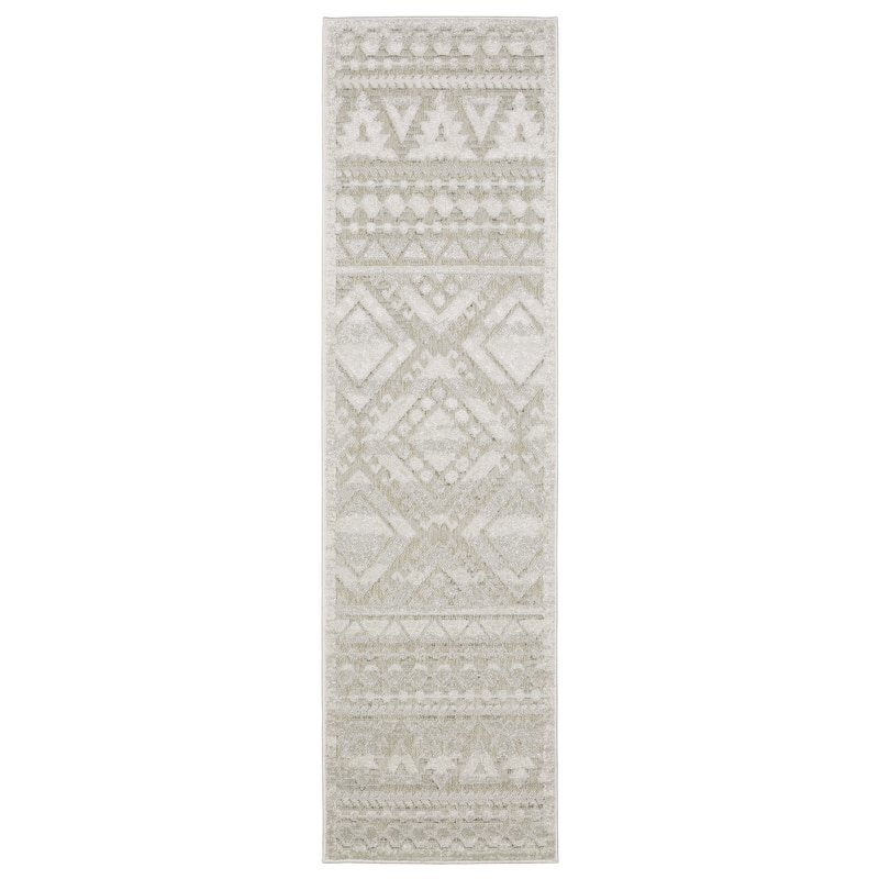Style Haven Thassos Tone-on-Tone Tribal Ivory Mixed Pile Area Rug - 2' 3" x 7' 6" - Runner