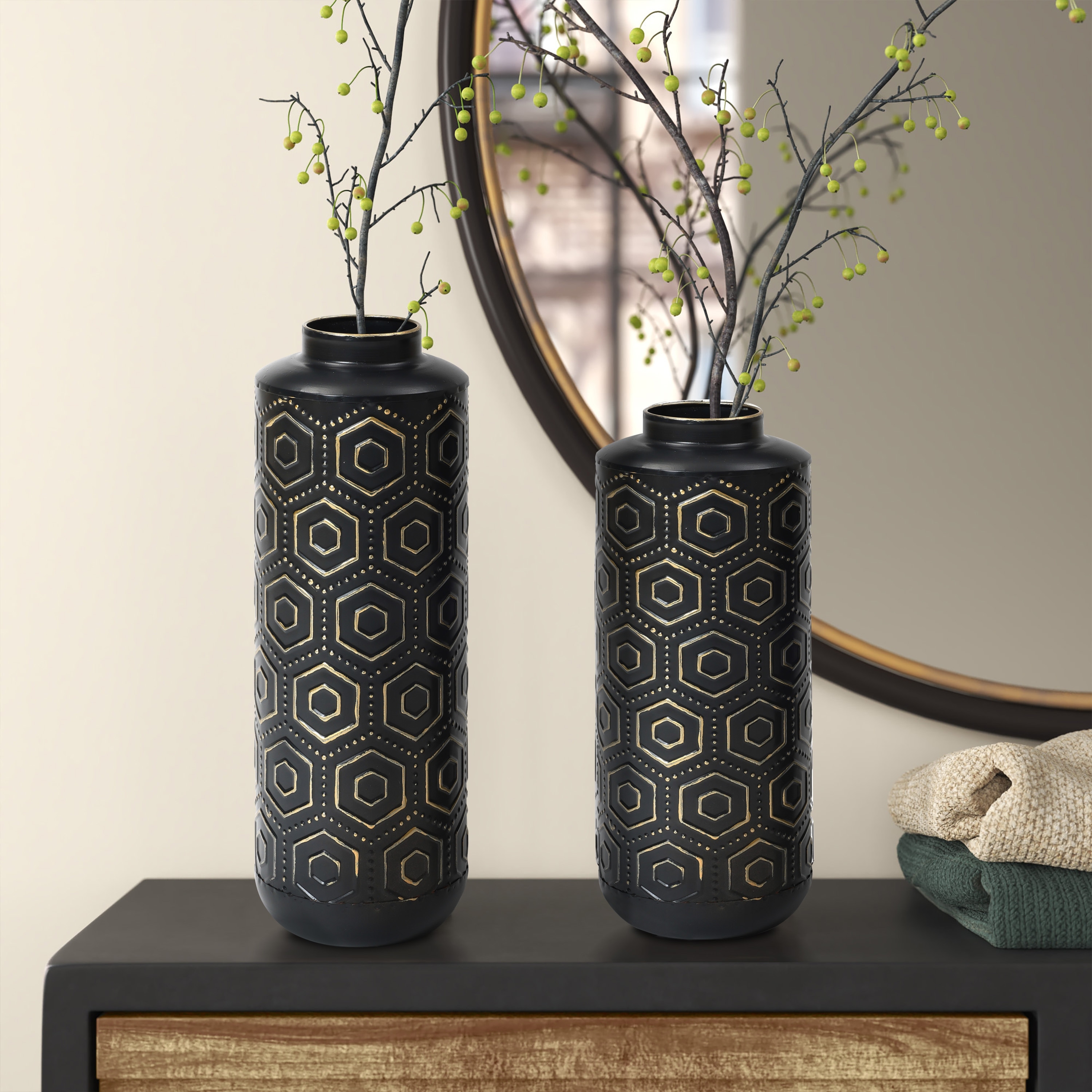 Black and Gold Metal Bottle Vases (Set of 2)