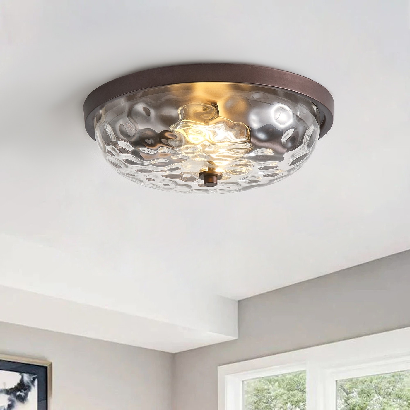 AIWEN Farmhouse Oil Rubbed Bronze 2-Light Water Ripple Glass Flush Mount Ceiling Light
