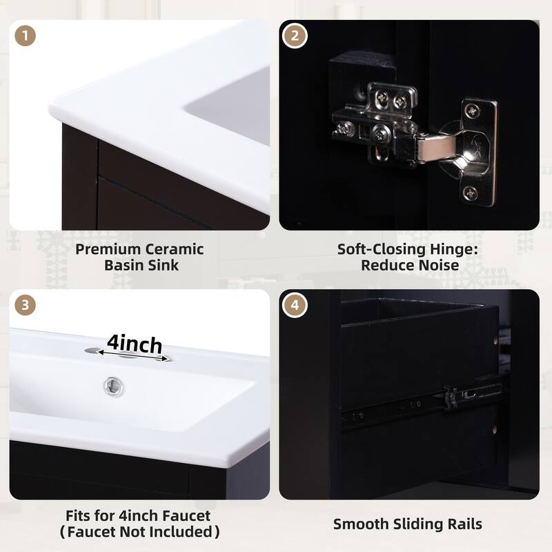 24'' Freestanding Bathroom Vanity with White Integrated Ceramic Sink - 24'' x 18.3'' x 33.7''