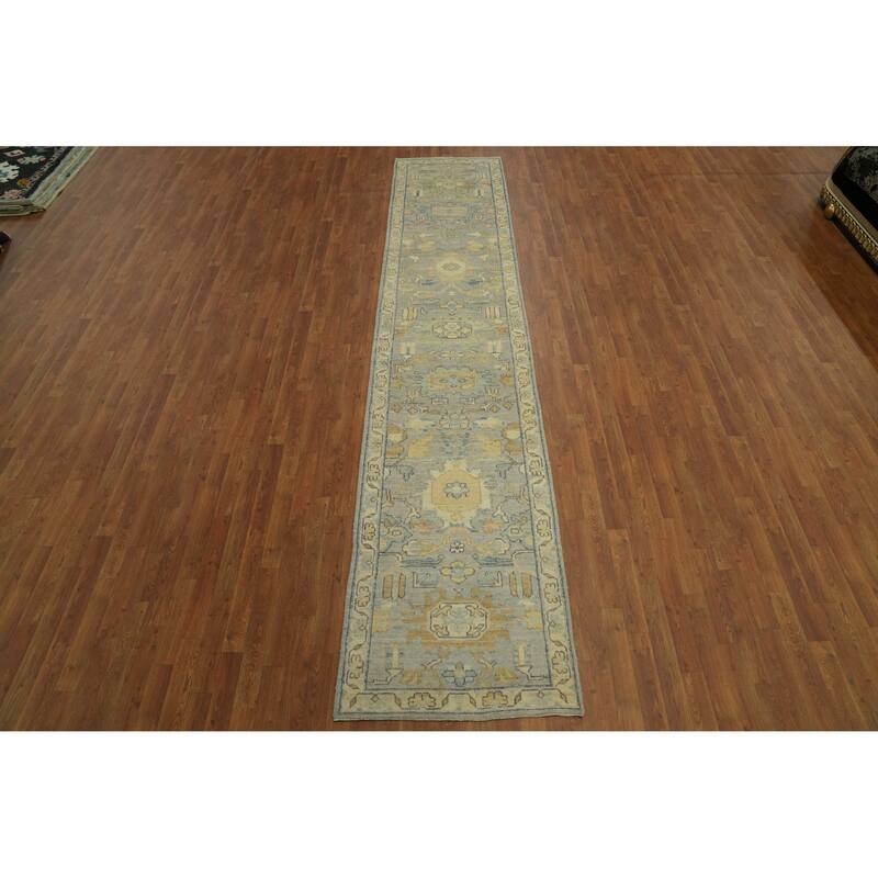 Vegetable Dye Wool Oushak Turkish Runner Rug, Floral Geometric Carpet - 13' 9'' X 2' 10''