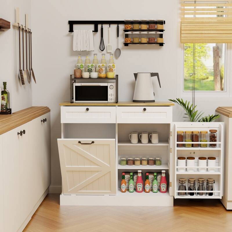 White Kitchen Trash Can Storage Cabinet with Drawers and Shelves