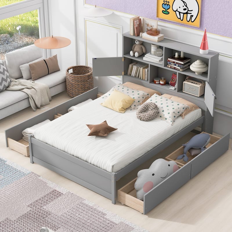 Full Size Platform Bed with Storage Headboard Bookcase & 4 Drawers ...