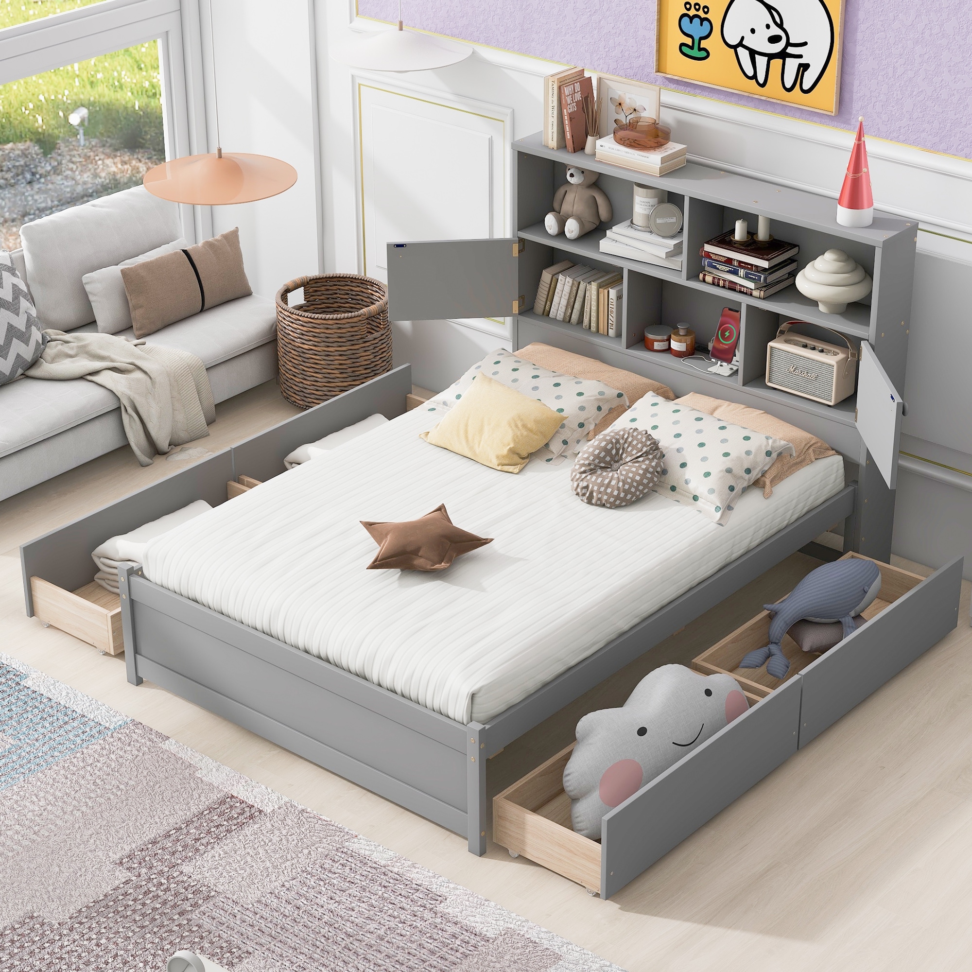Full size storage bed hot sale with bookcase headboard