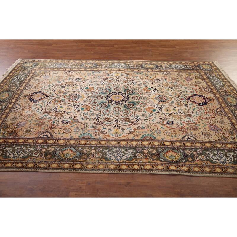 Hand Knotted Oriental 100% Wool Carpet Traditional Floral Beige & Ivories Tabriz Area Rug - 9' 2'' X 6' 3''