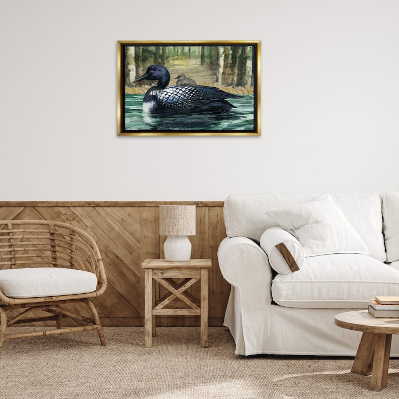 Stupell Loon with Baby on Lake Framed Floater Canvas Wall Art Design By Paul Brent