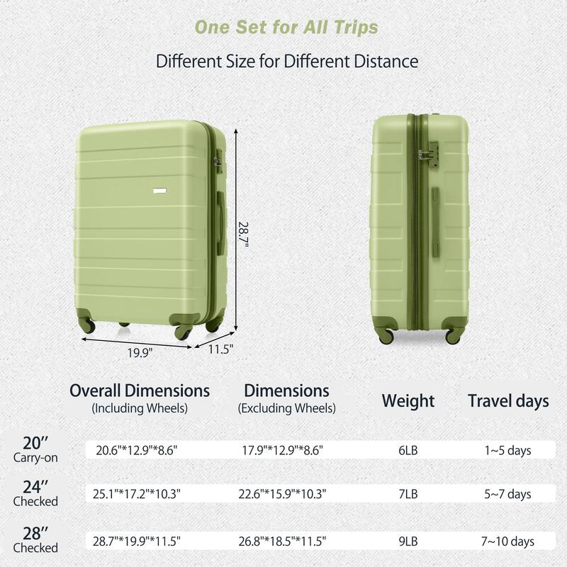 3-Piece, 20, 24, 28-Inch Modern Hard Shell Luggage with TSA Lock and Spinner Wheels, for Boarding Travel, Light Green