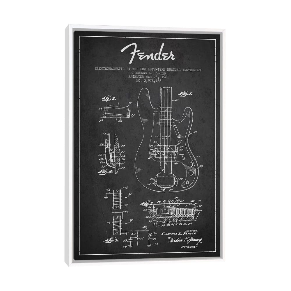 iCanvas "Guitar Charcoal Patent Blueprint" by Aged Pixel Framed Canvas Print