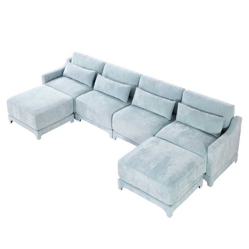 141.7" Chenille 4-Seater Sofa with Movable Ottoman & Solid Wood Frame