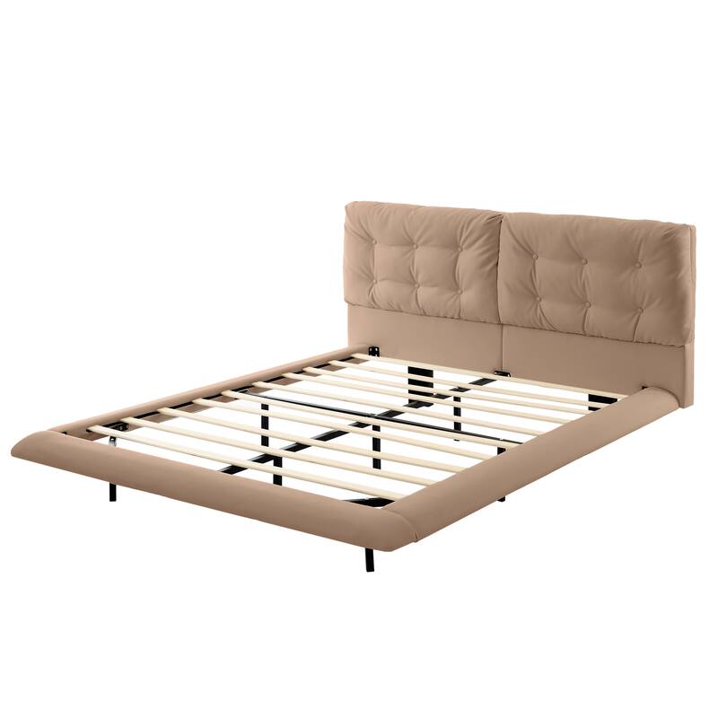 Queen Size LED Upholstered Platform Bed with Button-Tufted Headboard, Easy Assembly, No Box Spring Needed, Khaki