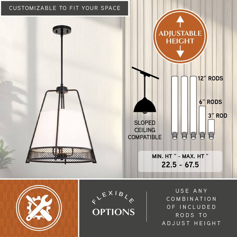 Benton 3L Black Wire Cage Modern Industrial Pendant Light White Linen Shade - 16.75-in W x 19-in H x 16.75-in D