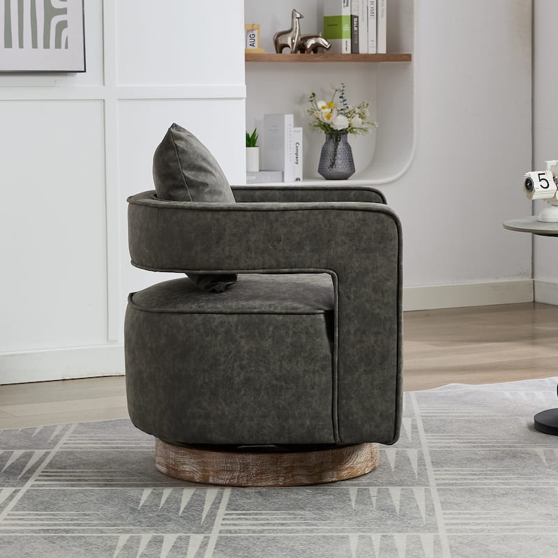 Roomfitters 29.1" Modern Swivel Barrel Chair, Open Back Faux Leather Club Chair with Weathered Wood Base