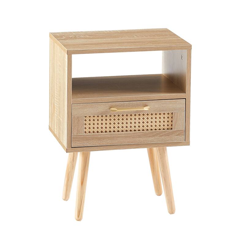 15.7" Rattan Nightstand, Living Room Brown Storage Cabinet, End Table Side Table for Bedroom with Drawer and Solid Wood Legs