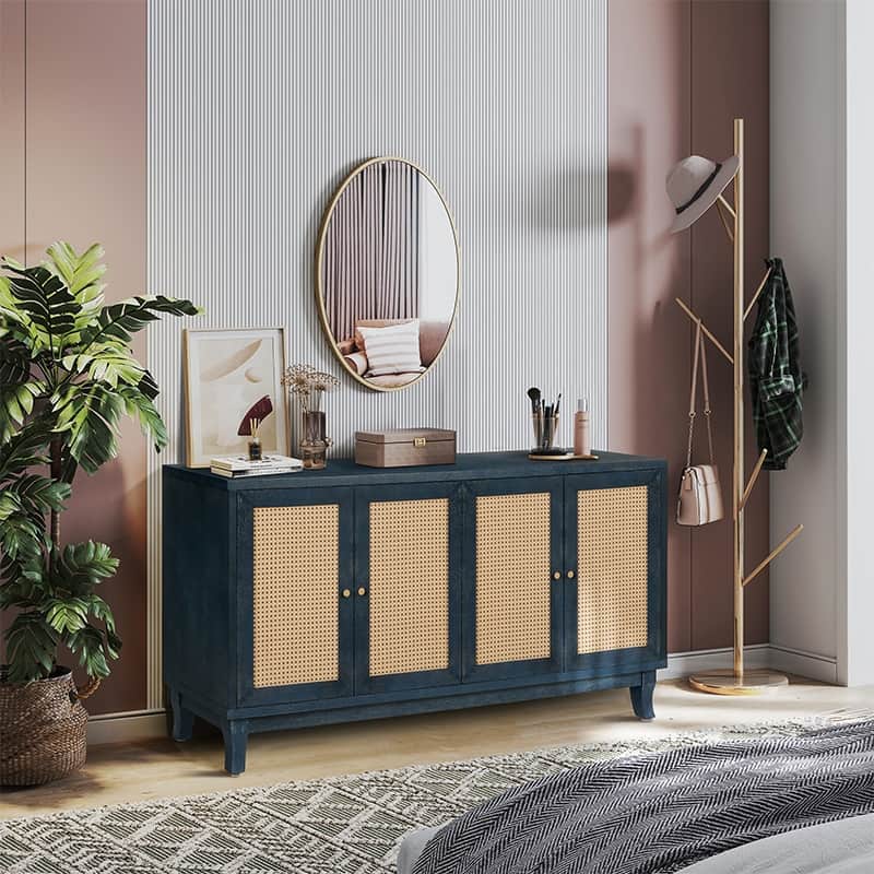 Accent Storage Cabinet, Boho Rattan Sideboard Buffet with 4 Adjustable Shelves, Console Table for Hallway, Living Room, Bedroom