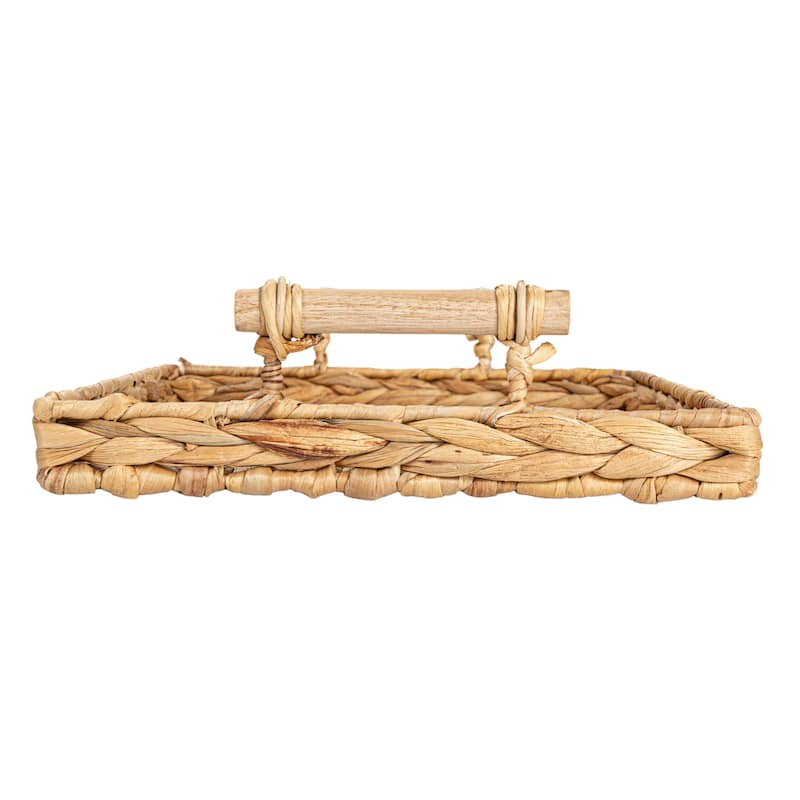 Household Essentials Handwoven Water Hyacinth Tray Set with Wood Handles, Set of 2