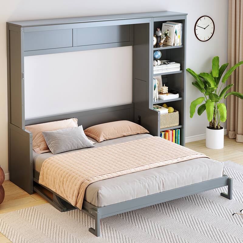 Murphy Bed with Bookshelf, Foldable Platform Bed with Desk, Storage Bed