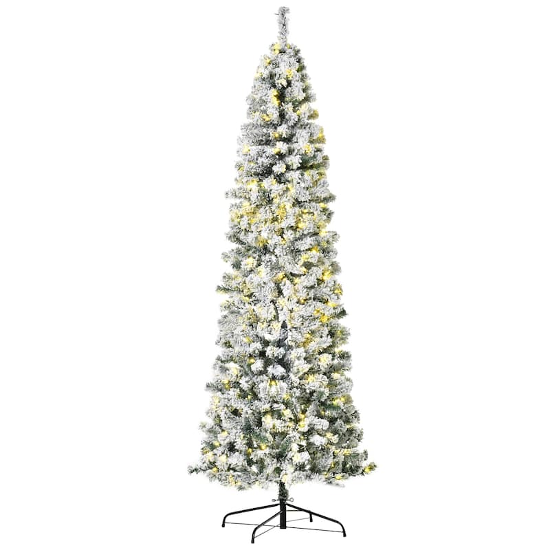 HOMCOM Pre-Lit Snow-Flocked Slim Douglas Fir Tree - Realistic Branches, LED Lights - Green