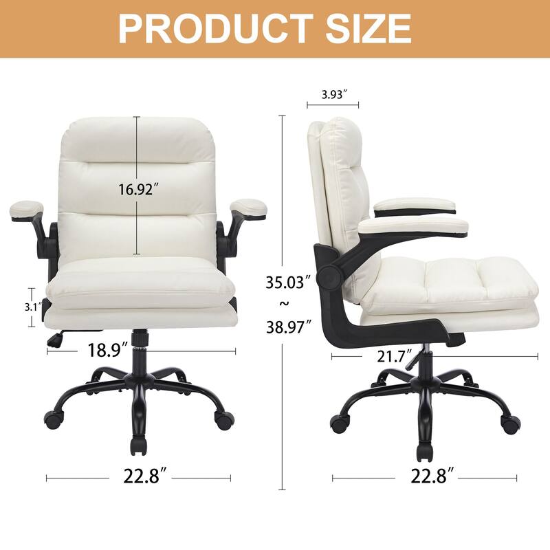 Javlergo White PU Leather Office Chair Adjustable Back 360° Swivel Chair with Flip-Up Arms Ergonomic Desk Chair for Home Office