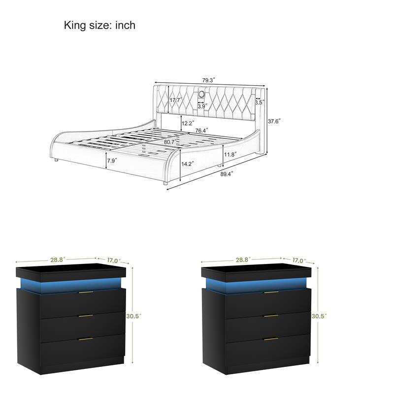 3-Pieces Bedroom Sets Platform Bed Frame with Bluetooth Speakers and RGB LED Light, Nightstands with Charging Station and LED